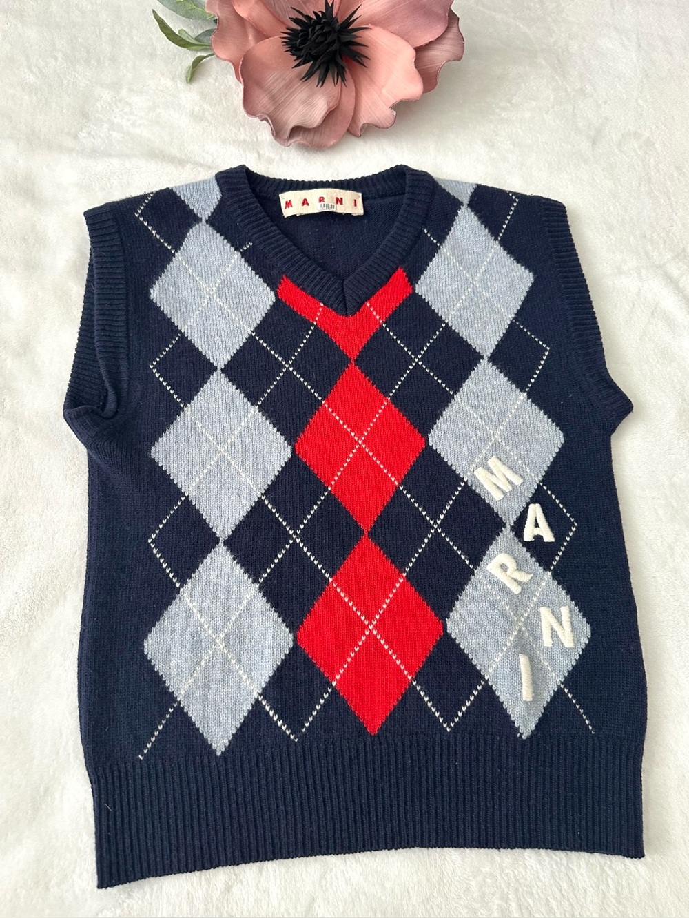 Marni Argyle Logo Blue Sweater Vest Small